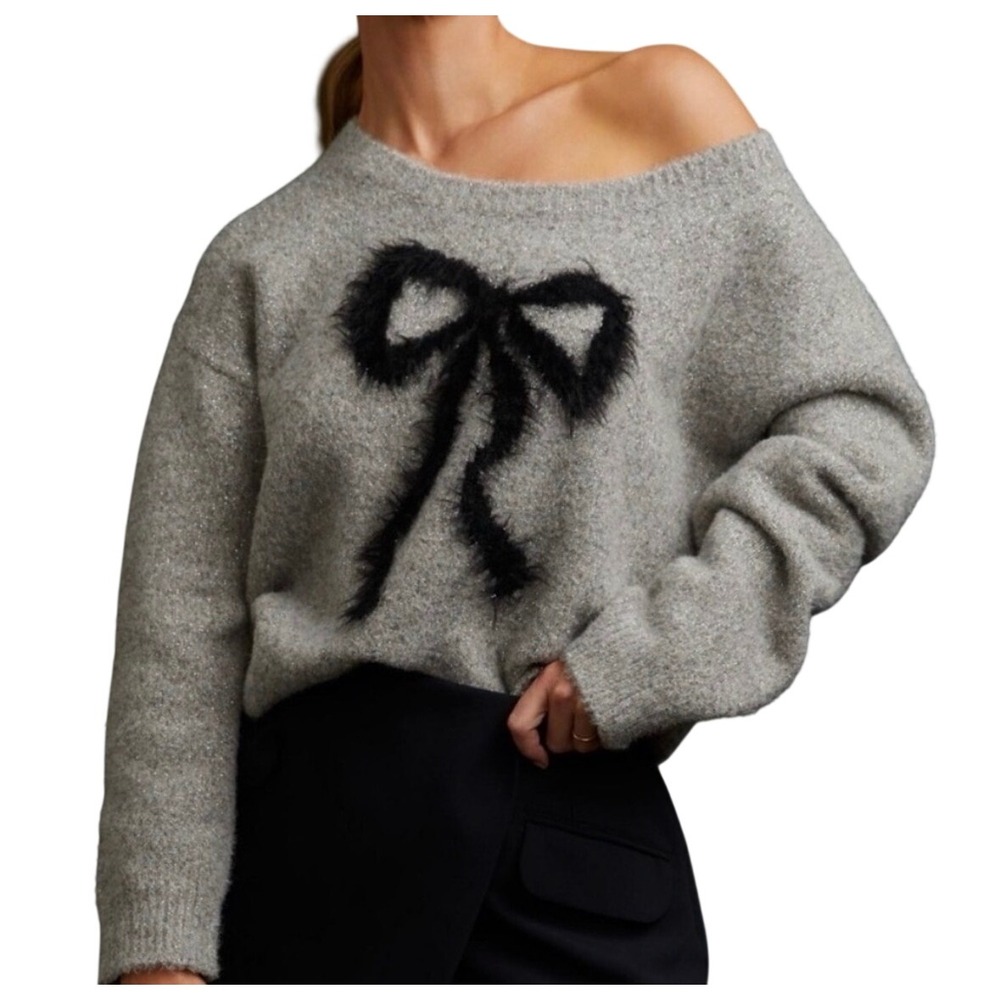 Maeve Anthropologie Bow Pullover Sweater Gray Metallic Sparkle Knit Small